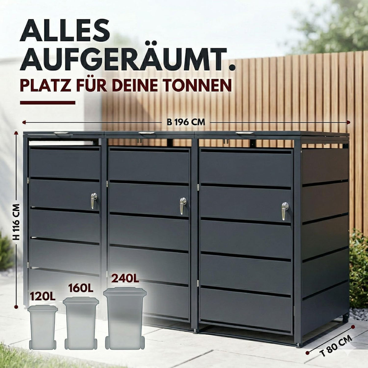 ALBATROS Mülltonnenbox 3er – Metall, RAL 7016, für 120–240L Tonnen, abschließbar
