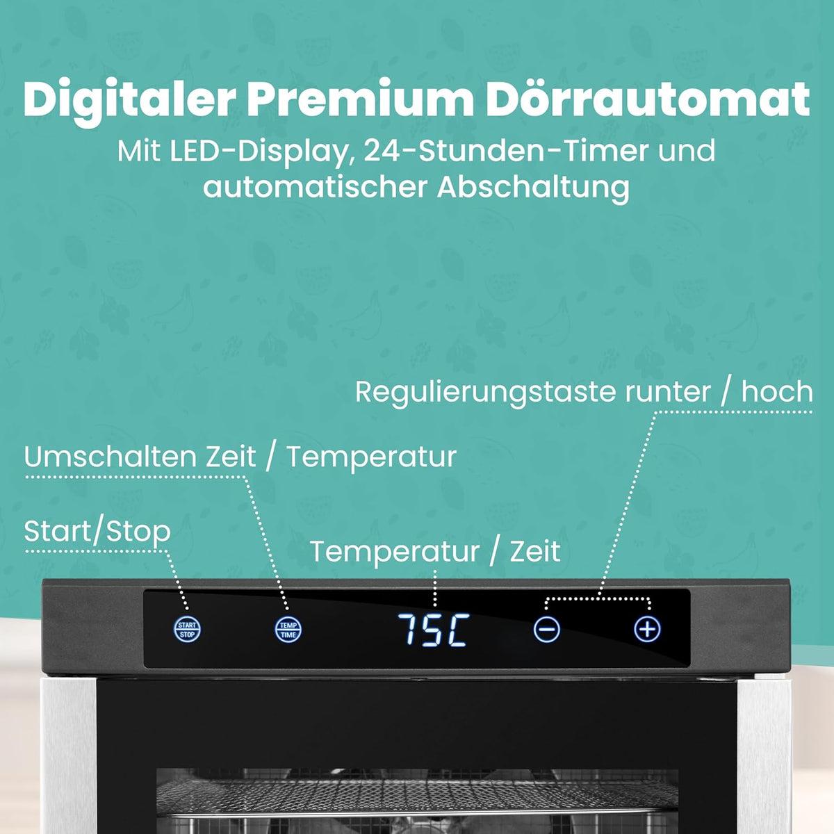 A-Rival Dörrautomat aus Edelstahl – Touch-Bedienung, 24-Std-Timer, 6 Trockengitter
