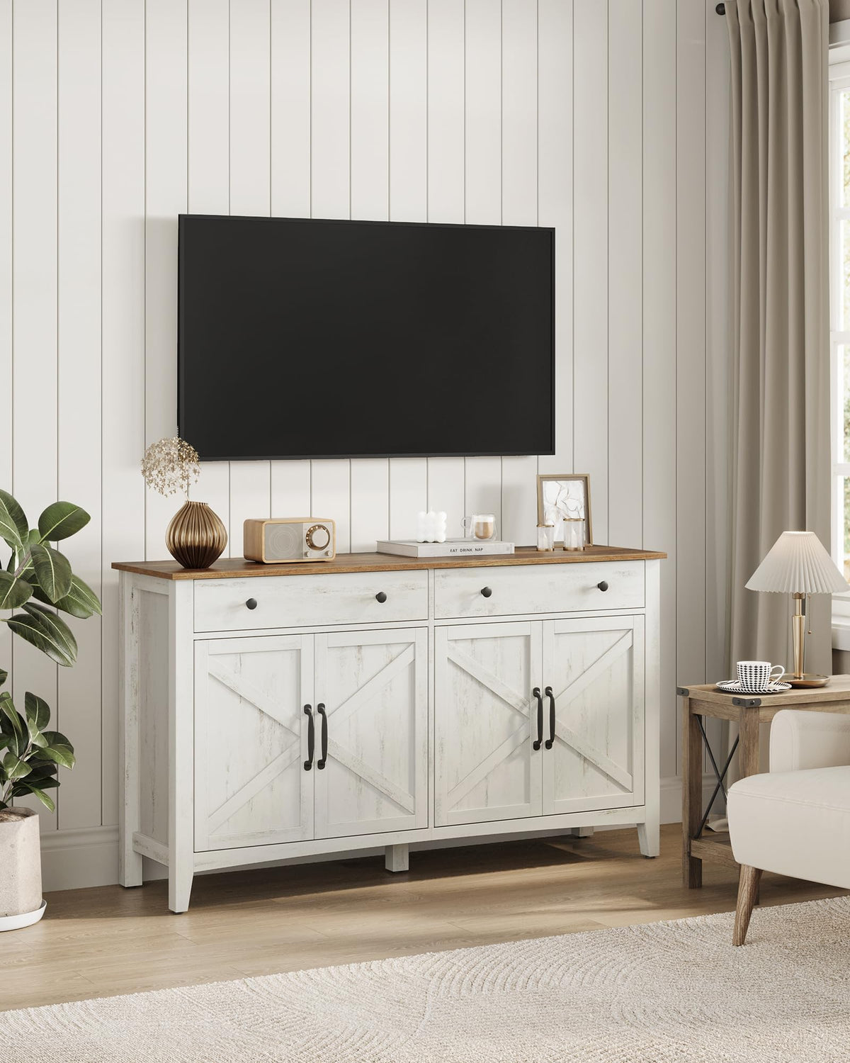 Küchenschrank mit Schublade und Türen, Sideboard, Landhausstil, rustikales Weiß-Honigbraun