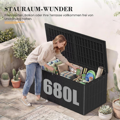Amopatio Auflagenbox 680L – XXL Gartenbox wasserdicht aus Harz, abschließbar