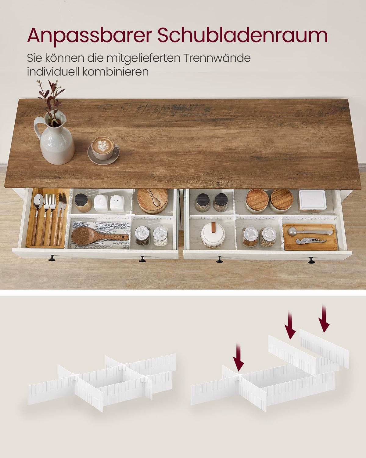 Küchenschrank mit Schublade und Türen, Sideboard, Landhausstil, rustikales Weiß-Honigbraun