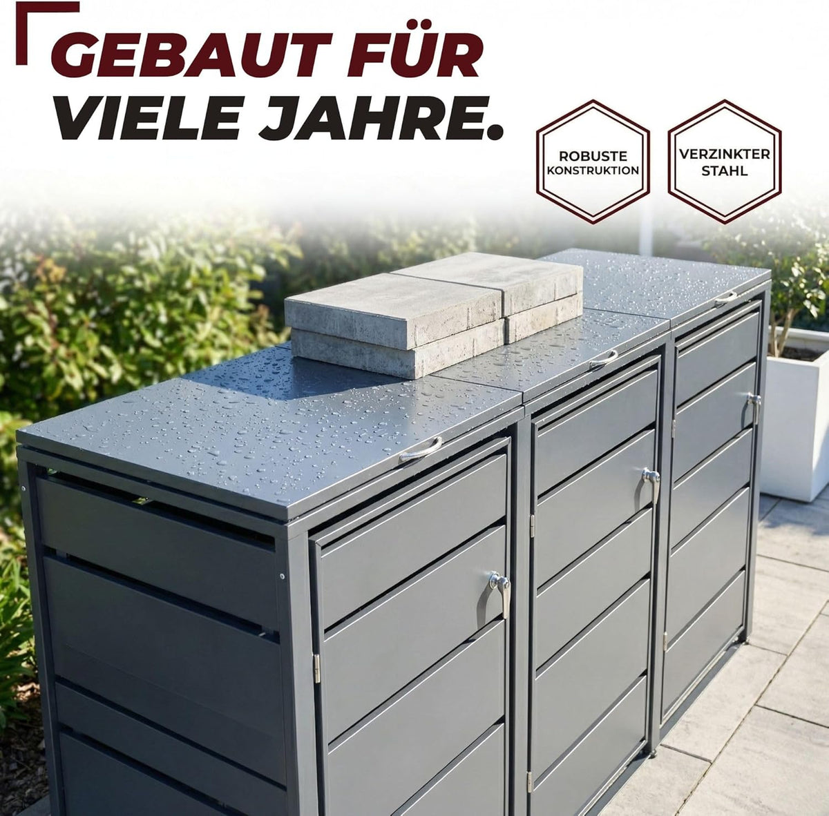 ALBATROS Mülltonnenbox 3er – Metall, RAL 7016, für 120–240L Tonnen, abschließbar