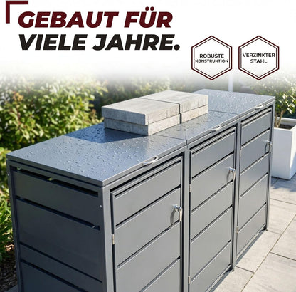 ALBATROS Mülltonnenbox 3er – Metall, RAL 7016, für 120–240L Tonnen, abschließbar
