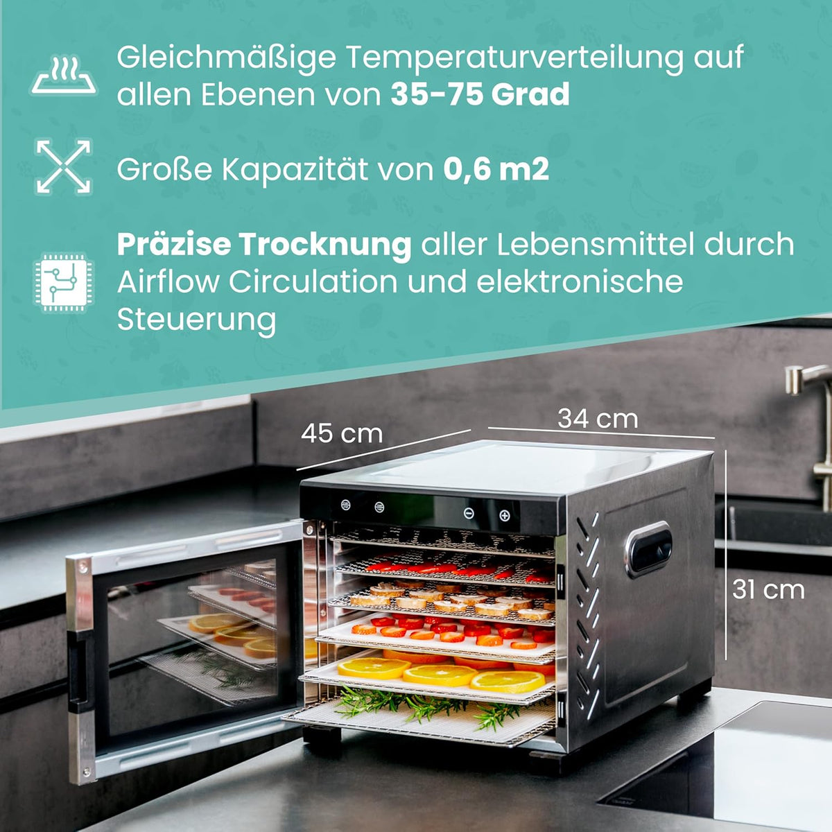 A-Rival Dörrautomat aus Edelstahl – Touch-Bedienung, 24-Std-Timer, 6 Trockengitter