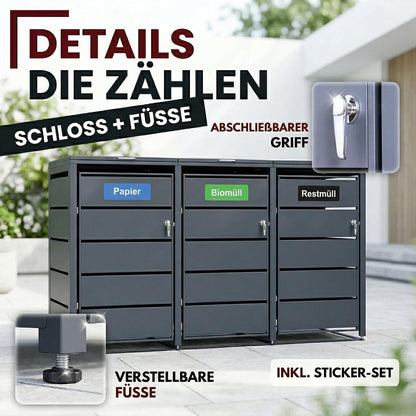 ALBATROS Mülltonnenbox 3er – Metall, RAL 7016, für 120–240L Tonnen, abschließbar