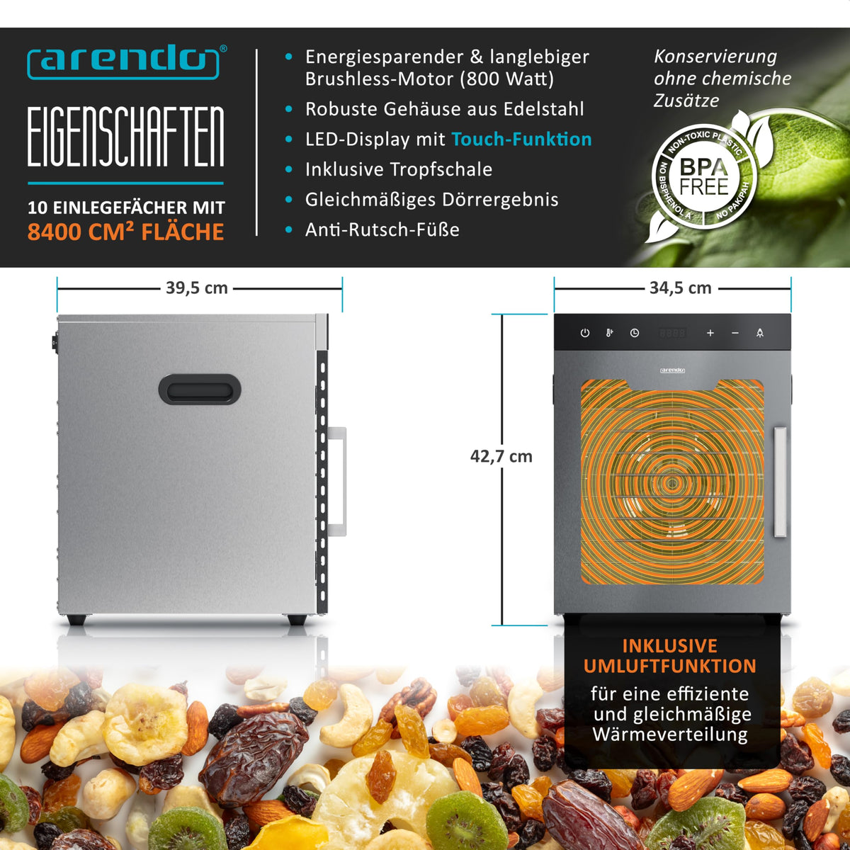 Arendo Dörrautomat Edelstahl 8-fach – 500W, 30–90°C, GS-geprüft