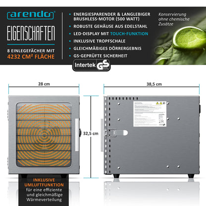 Arendo Dörrautomat Edelstahl 8-fach – 500W, 30–90°C, GS-geprüft