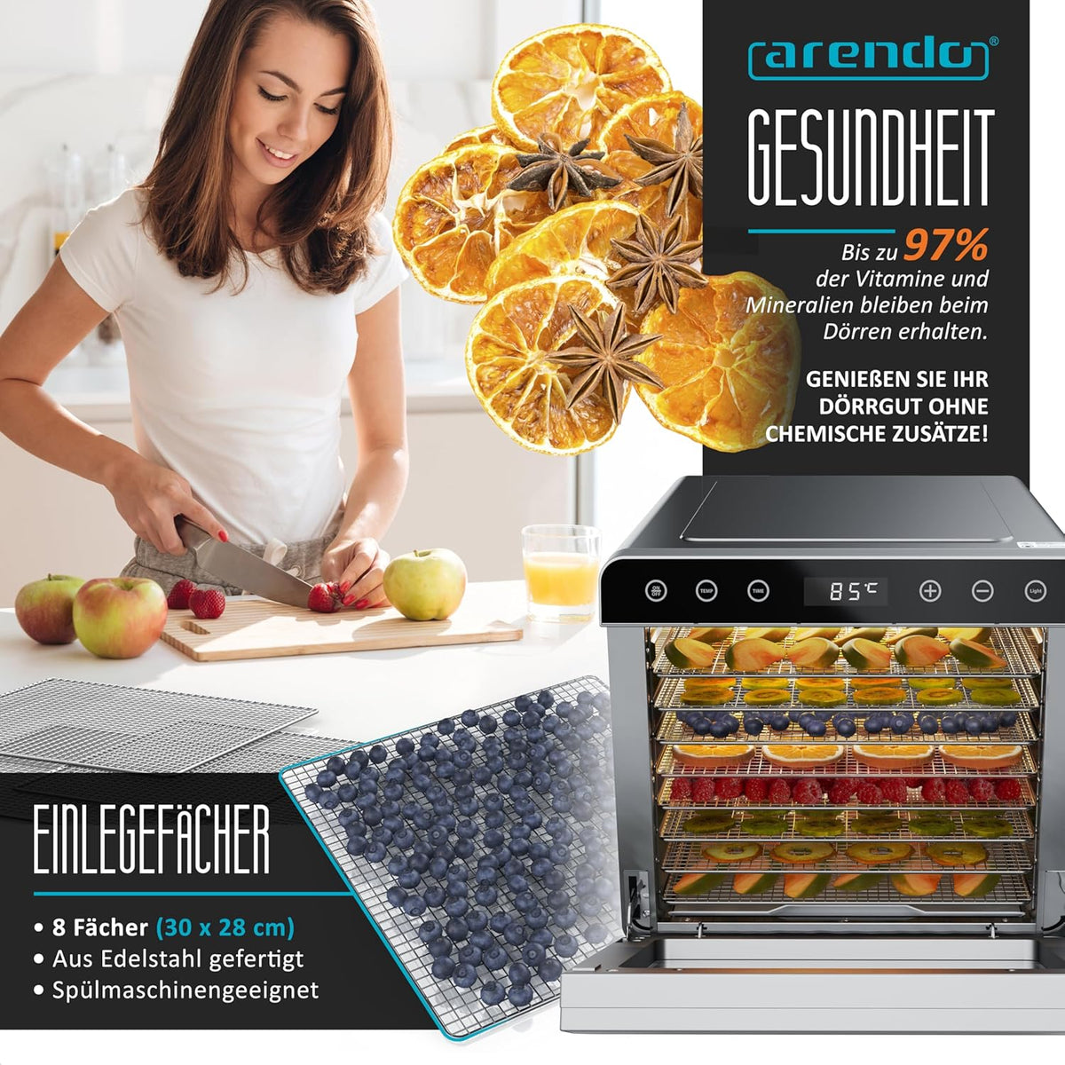 Arendo Dörrautomat Edelstahl – 8 Fächer, 700W, 35–85°C, BPA-frei
