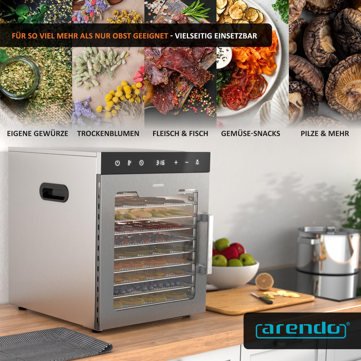 Arendo Dörrautomat Edelstahl 8-fach – 500W, 30–90°C, GS-geprüft