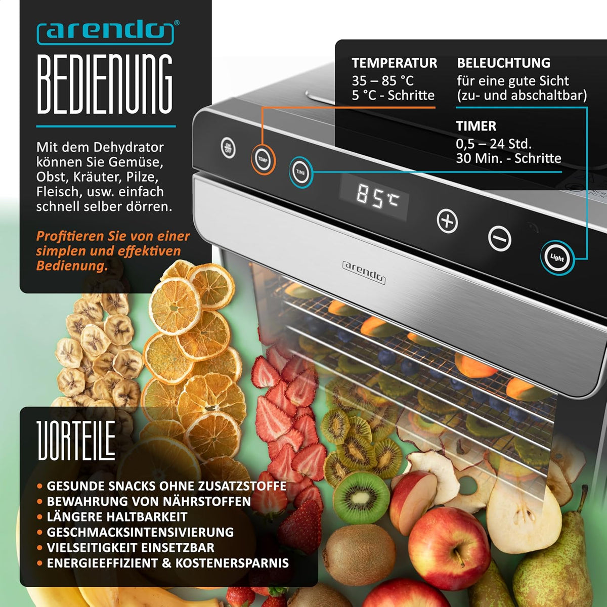 Arendo Dörrautomat Edelstahl – 8 Fächer, 700W, 35–85°C, BPA-frei