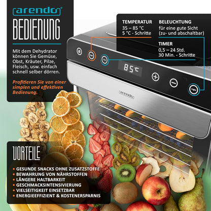 Arendo Dörrautomat Edelstahl – 8 Fächer, 700W, 35–85°C, BPA-frei