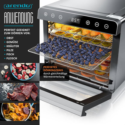 Arendo Dörrautomat Edelstahl – 8 Fächer, 700W, 35–85°C, BPA-frei