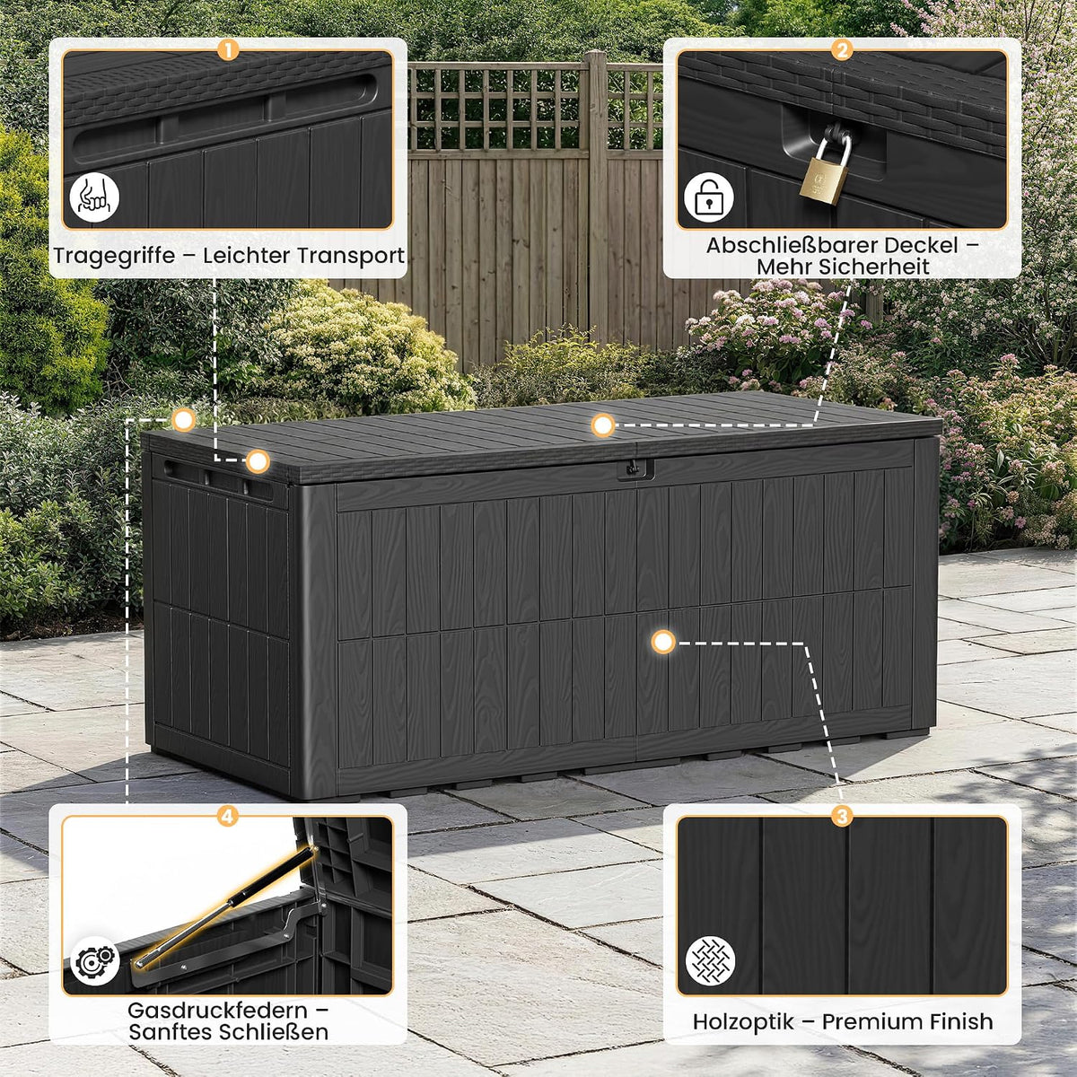 Amopatio Auflagenbox 680L – XXL Gartenbox wasserdicht aus Harz, abschließbar