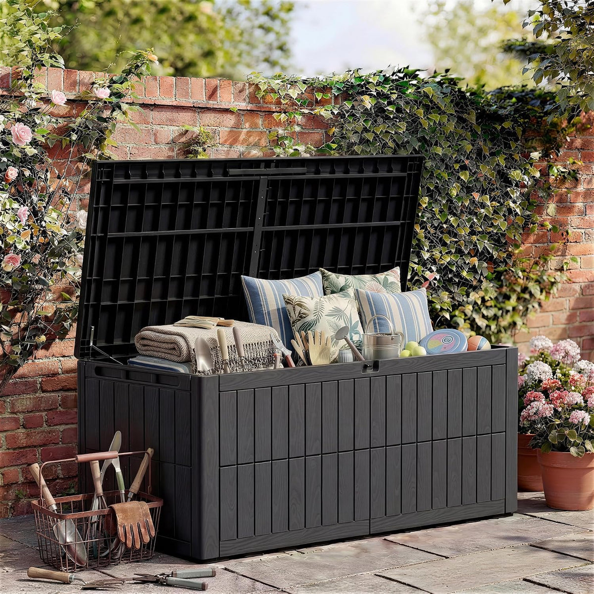 Amopatio Auflagenbox 680L – XXL Gartenbox wasserdicht aus Harz, abschließbar