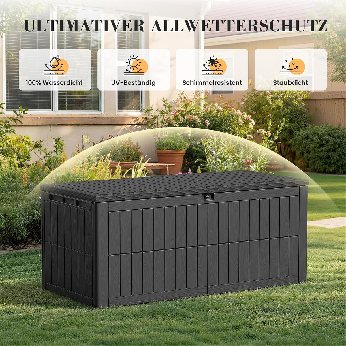 Amopatio Auflagenbox 680L – XXL Gartenbox wasserdicht aus Harz, abschließbar