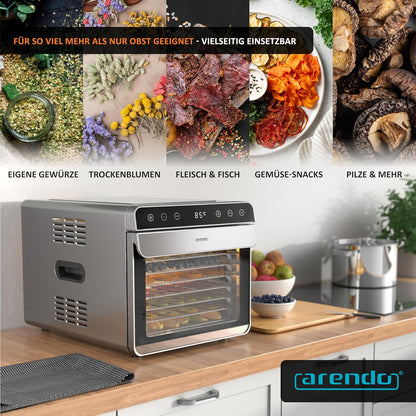 Arendo Dörrautomat Edelstahl – 8 Fächer, 700W, 35–85°C, BPA-frei