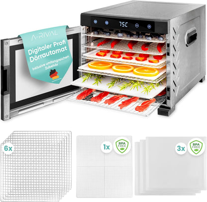 A-Rival Dörrautomat aus Edelstahl – Touch-Bedienung, 24-Std-Timer, 6 Trockengitter