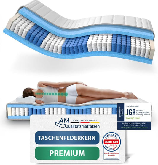 Taschenfederkernmatratze 90x200cm H3 24cm Premium, Made in Germany