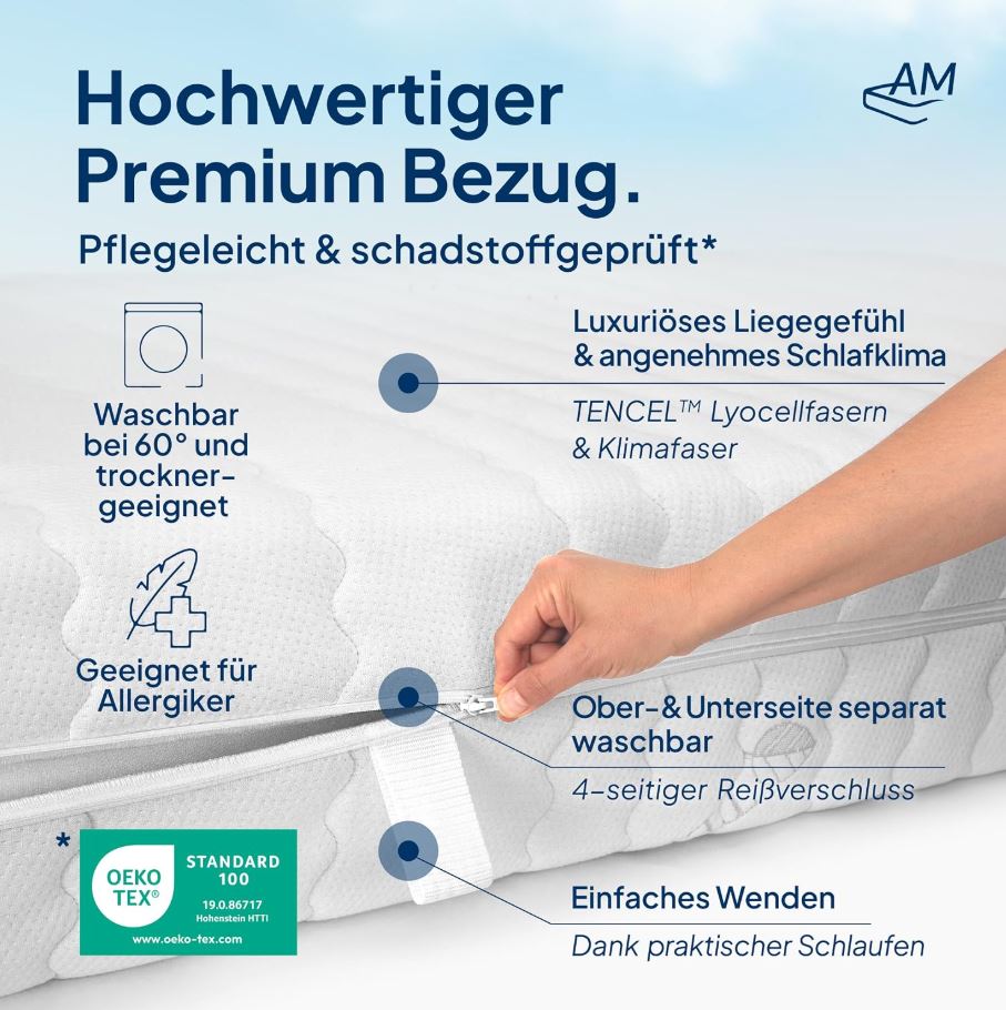 Taschenfederkernmatratze 90x200cm H3 24cm Premium, Made in Germany