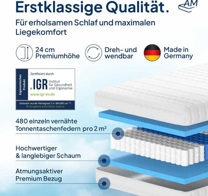 Taschenfederkernmatratze 90x200cm H3 24cm Premium, Made in Germany