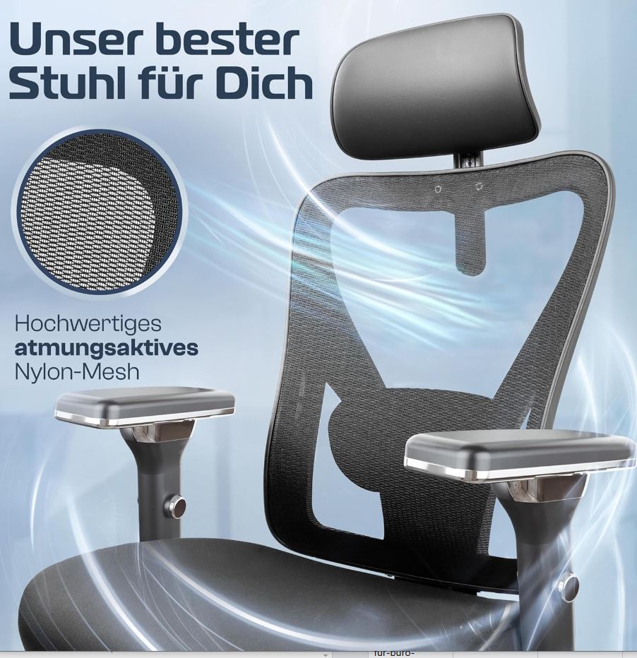 Ergonomischer Bürostuhl mit Lendenwirbelstütze, bis 150 kg, 195 cm
