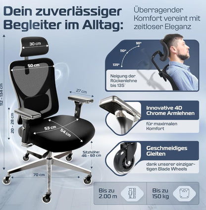 Ergonomischer Bürostuhl mit Lendenwirbelstütze, bis 150 kg, 195 cm