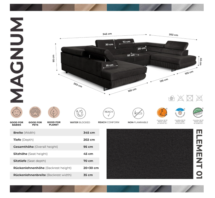 Ecksofa U-Form mit Schlaffunktion & 2 Bettkästen, Wasserabweisend & Haustierfreundlich