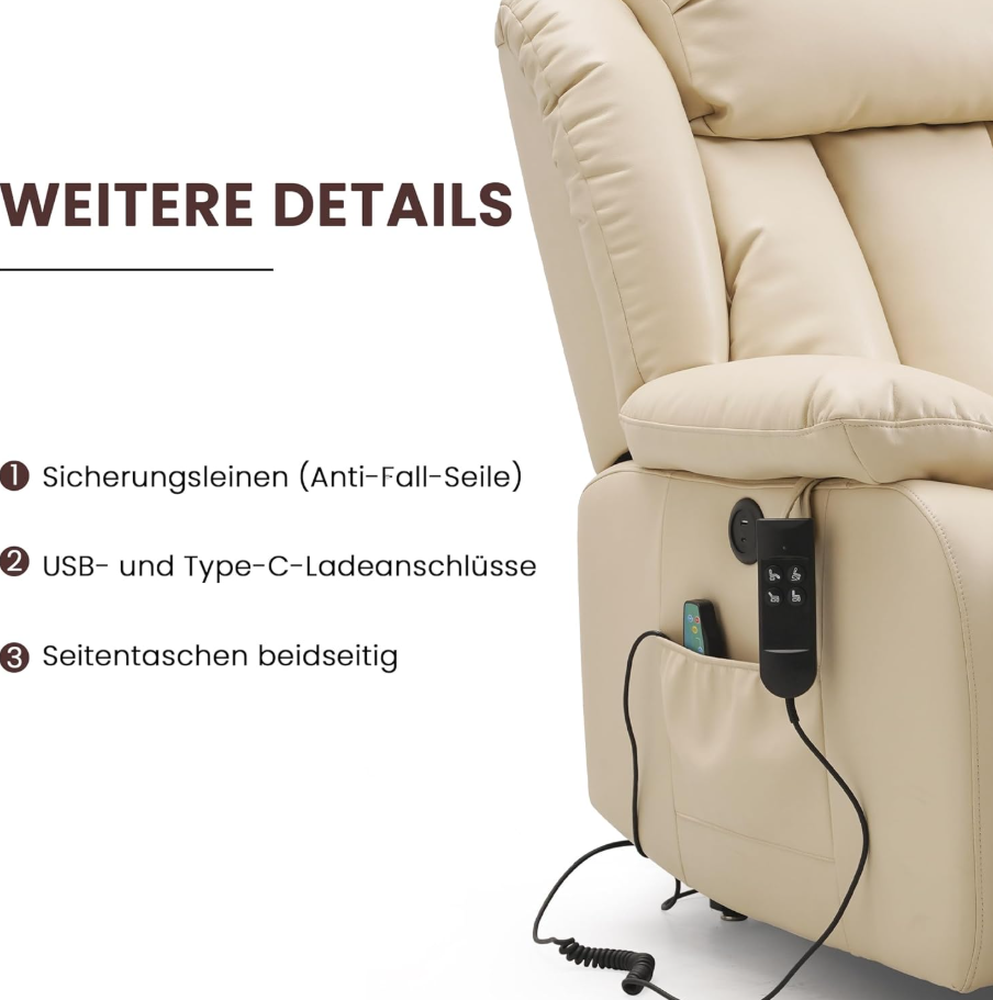 Elektrischer Relaxsessel mit 2 Motoren, Aufstehhilfe, Massage & Heizung, 180° Liegefunktion