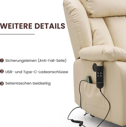 Elektrischer Relaxsessel mit 2 Motoren, Aufstehhilfe, Massage & Heizung, 180° Liegefunktion
