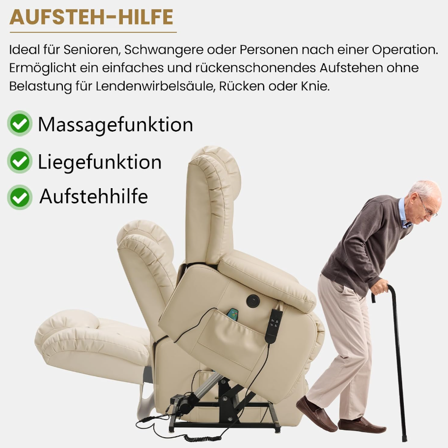 Elektrischer Relaxsessel mit 2 Motoren, Aufstehhilfe, Massage & Heizung, 180° Liegefunktion