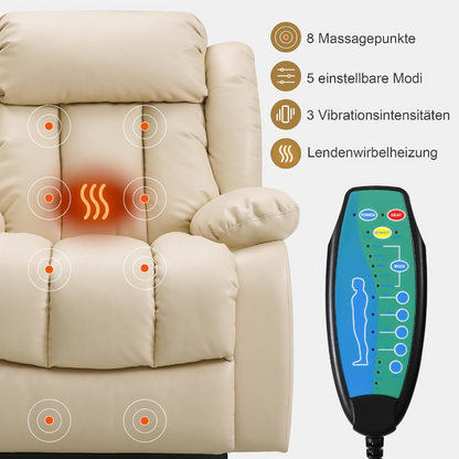 Elektrischer Relaxsessel mit 2 Motoren, Aufstehhilfe, Massage & Heizung, 180° Liegefunktion