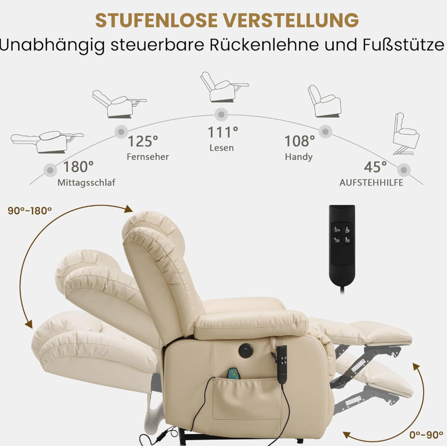 Elektrischer Relaxsessel mit 2 Motoren, Aufstehhilfe, Massage & Heizung, 180° Liegefunktion