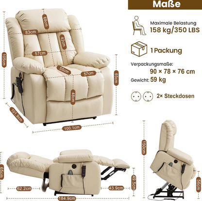 Elektrischer Relaxsessel mit 2 Motoren, Aufstehhilfe, Massage & Heizung, 180° Liegefunktion