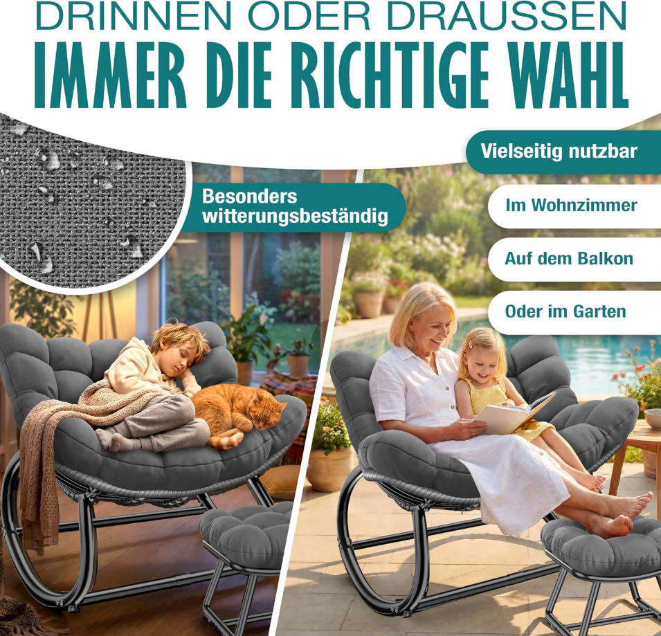 Ergonomischer Schaukelstuhl XXL mit Hocker & Sitzpolster, In- & Outdoor, bis 150 kg