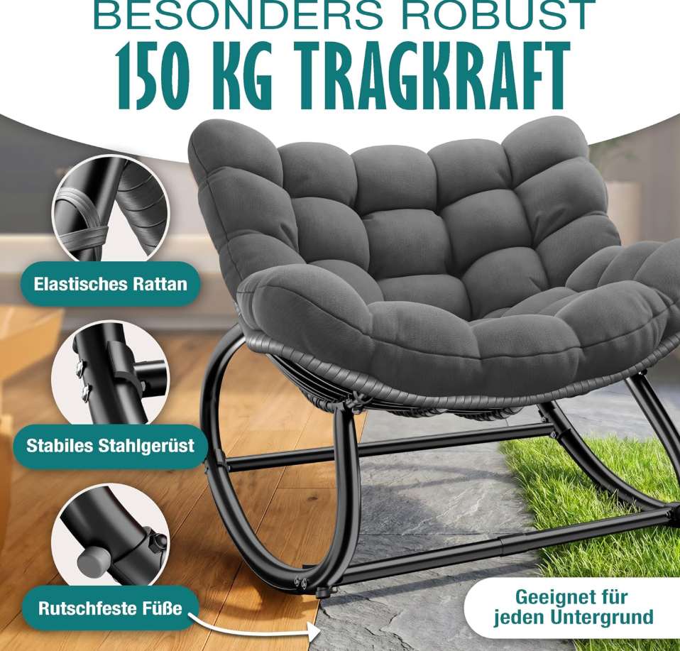 Ergonomischer Schaukelstuhl XXL mit Hocker & Sitzpolster, In- & Outdoor, bis 150 kg