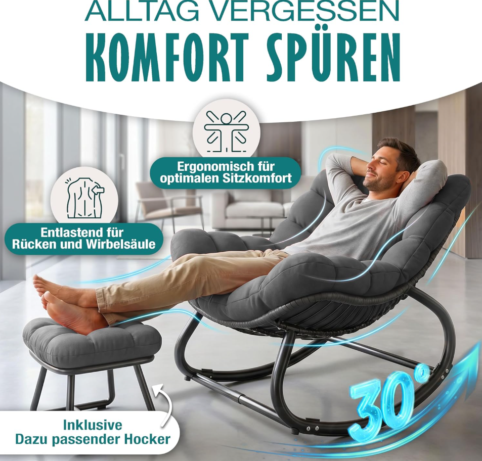 Ergonomischer Schaukelstuhl XXL mit Hocker & Sitzpolster, In- & Outdoor, bis 150 kg