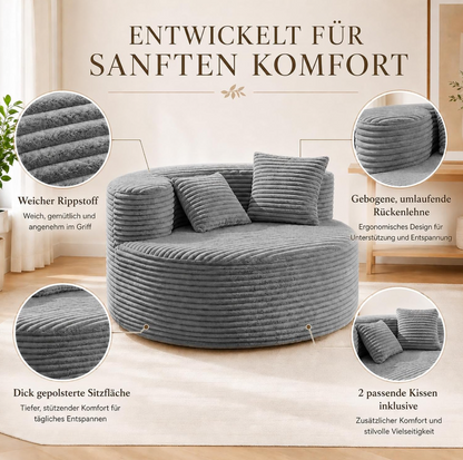 Runder Cord-Loungesessel 110 cm mit 2 Kissen, Grau