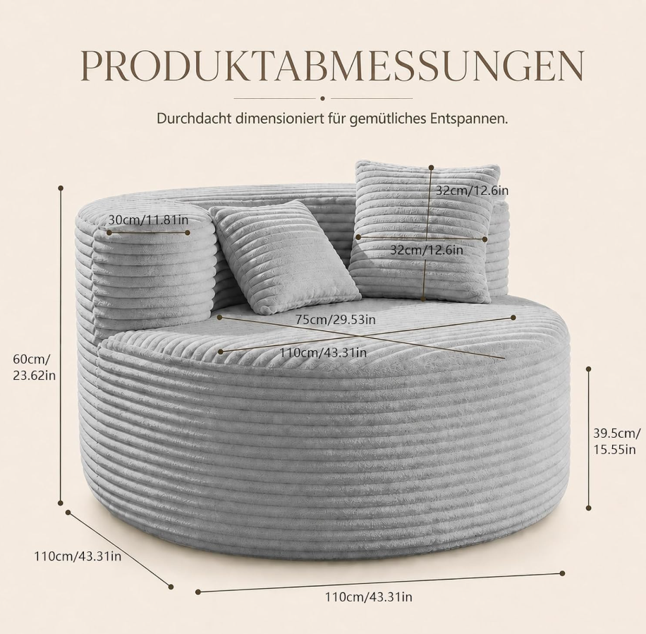 Runder Cord-Loungesessel 110 cm mit 2 Kissen, Grau