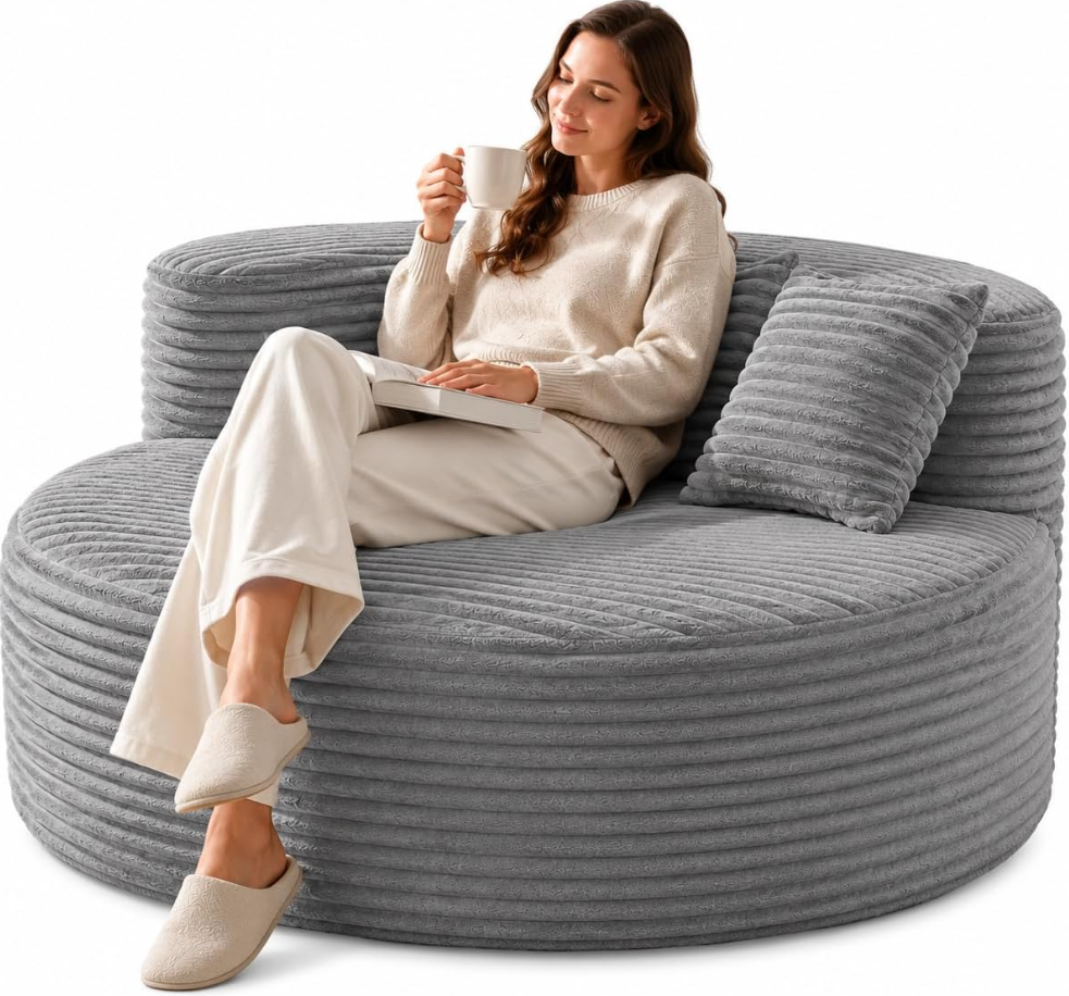Runder Cord-Loungesessel 110 cm mit 2 Kissen, Grau