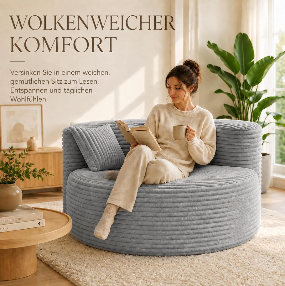 Runder Cord-Loungesessel 110 cm mit 2 Kissen, Grau