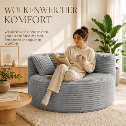Runder Cord-Loungesessel 110 cm mit 2 Kissen, Grau