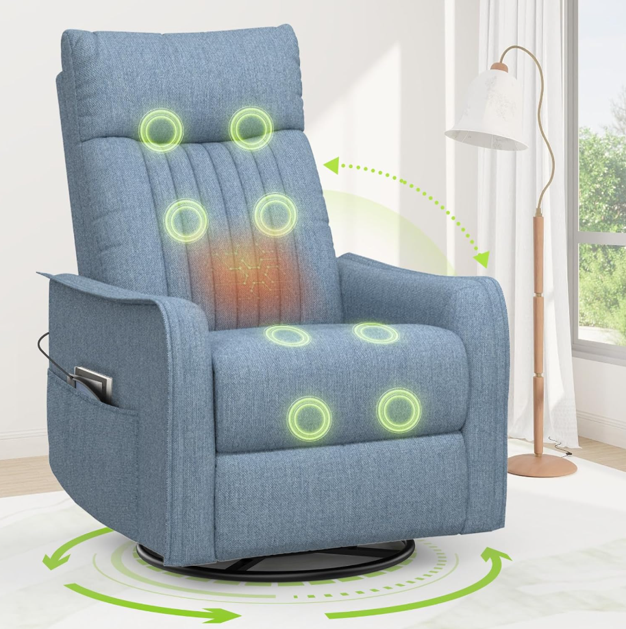 Massagesessel mit Liegefunktion, Wärme & 360° Drehfunktion, Relaxsessel mit Kopfstütze & 2 Seitentaschen