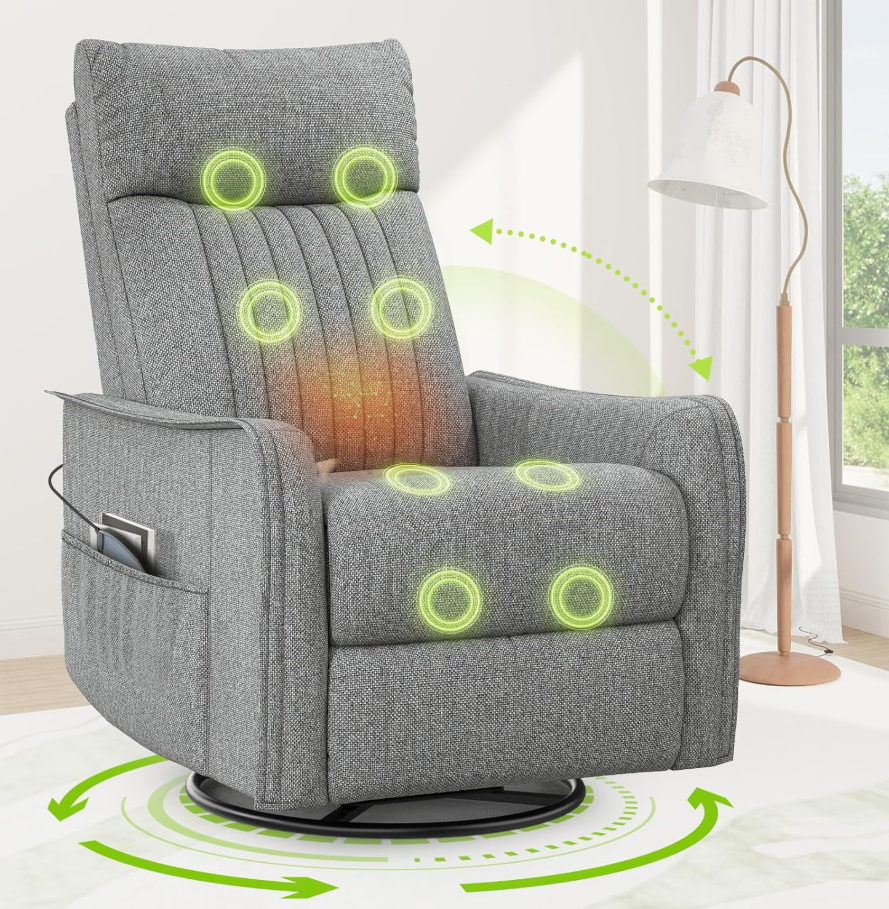 Massagesessel mit Liegefunktion, Wärme & 360° Drehfunktion, Relaxsessel mit Kopfstütze & 2 Seitentaschen