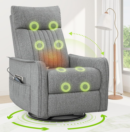 Massagesessel mit Liegefunktion, Wärme & 360° Drehfunktion, Relaxsessel mit Kopfstütze & 2 Seitentaschen