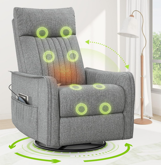 Massagesessel mit Liegefunktion, Wärme & 360° Drehfunktion, Relaxsessel mit Kopfstütze & 2 Seitentaschen