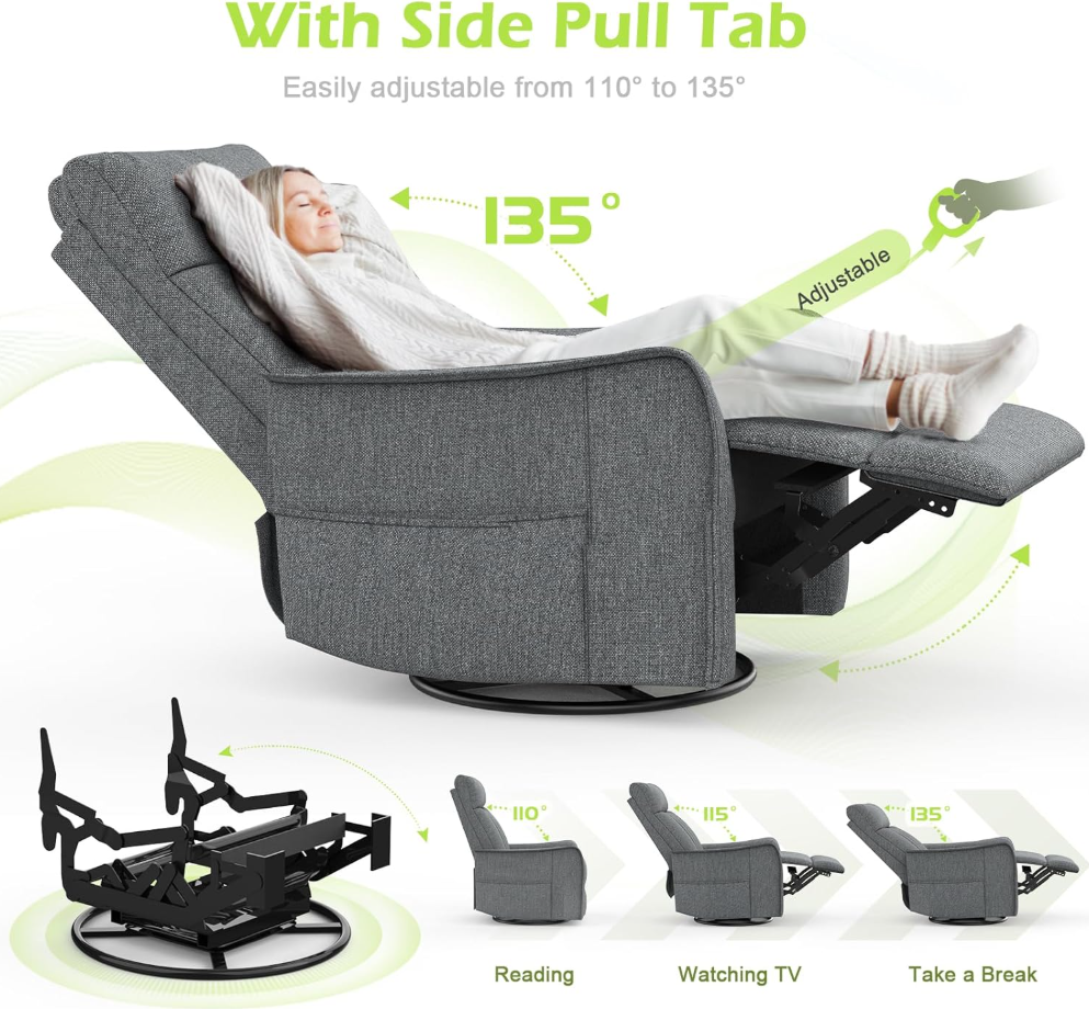 Massagesessel mit Liegefunktion, Wärme & 360° Drehfunktion, Relaxsessel mit Kopfstütze & 2 Seitentaschen