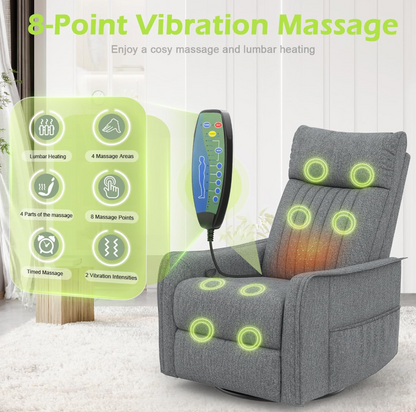 Massagesessel mit Liegefunktion, Wärme & 360° Drehfunktion, Relaxsessel mit Kopfstütze & 2 Seitentaschen