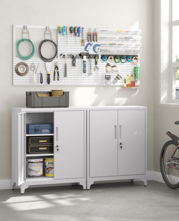 Mehrzweckschrank mit 2 Türen & Schloss, Stahlschrank für Büro & Wohnzimmer, Abschließbar
