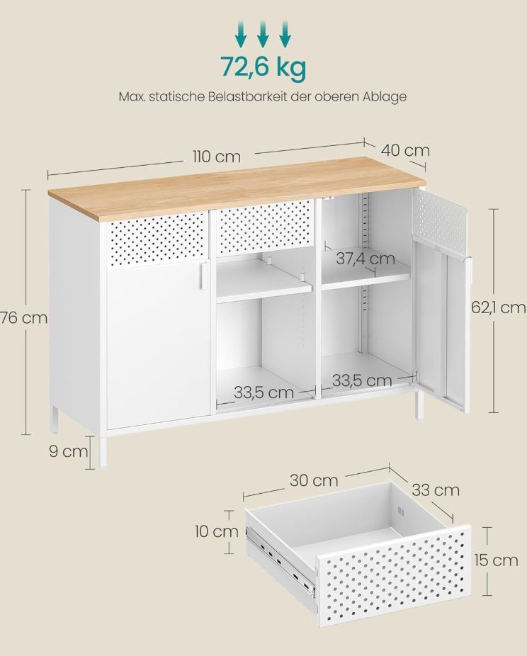 Aufbewahrungsschrank Metallschrank mit verstellbaren Einlegeböden, Mattweiß-Eichenbeige
