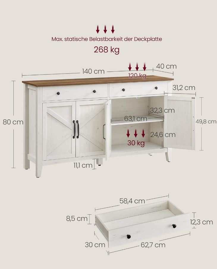 Küchenschrank mit 4 Türen, Sideboard, Landhausstil, Rustikales Weiß-Honigbraun